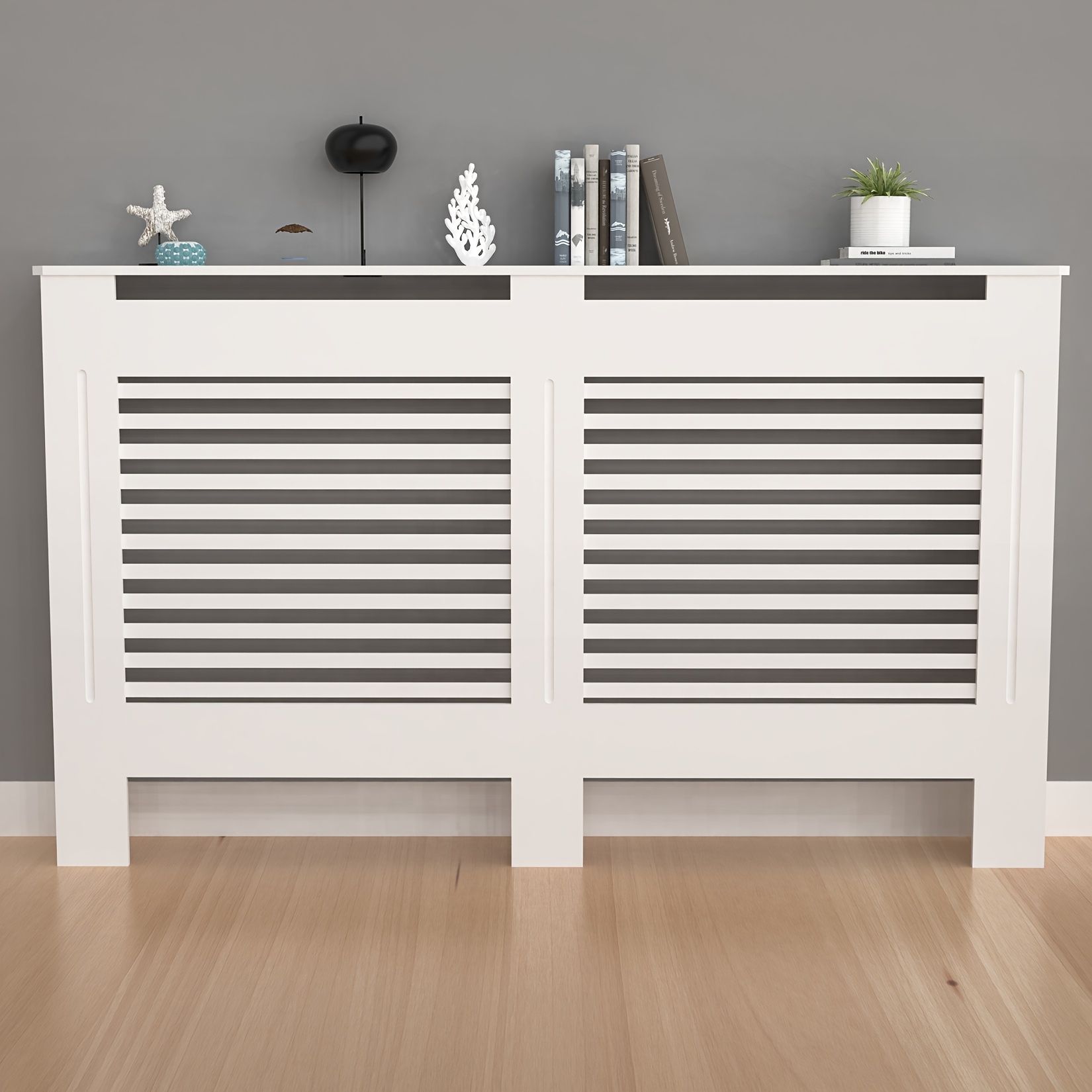 Temu Tall Wooden Cabinet Cover For Radiators, Measuring 100Cm In Height, Designed In White With Slats. This Modern Shelf Of Thick Mdf, Suitable For-image