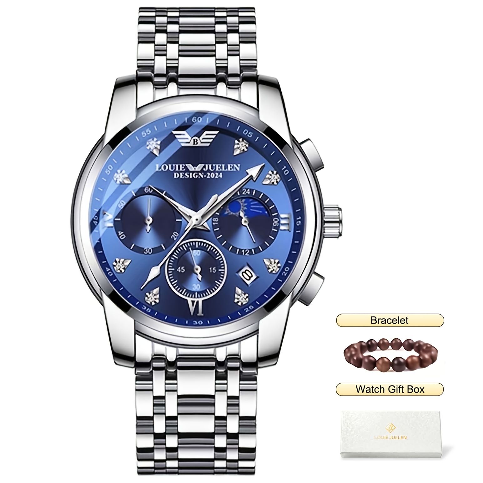 Image of 3pcs Men's Quartz Watches With Multifunctional , Calendar, Roman , And Luminous Markers Unisex Wristwatch, Holiday Christmas Gift, With Watch Gift Box And Gift Strap
