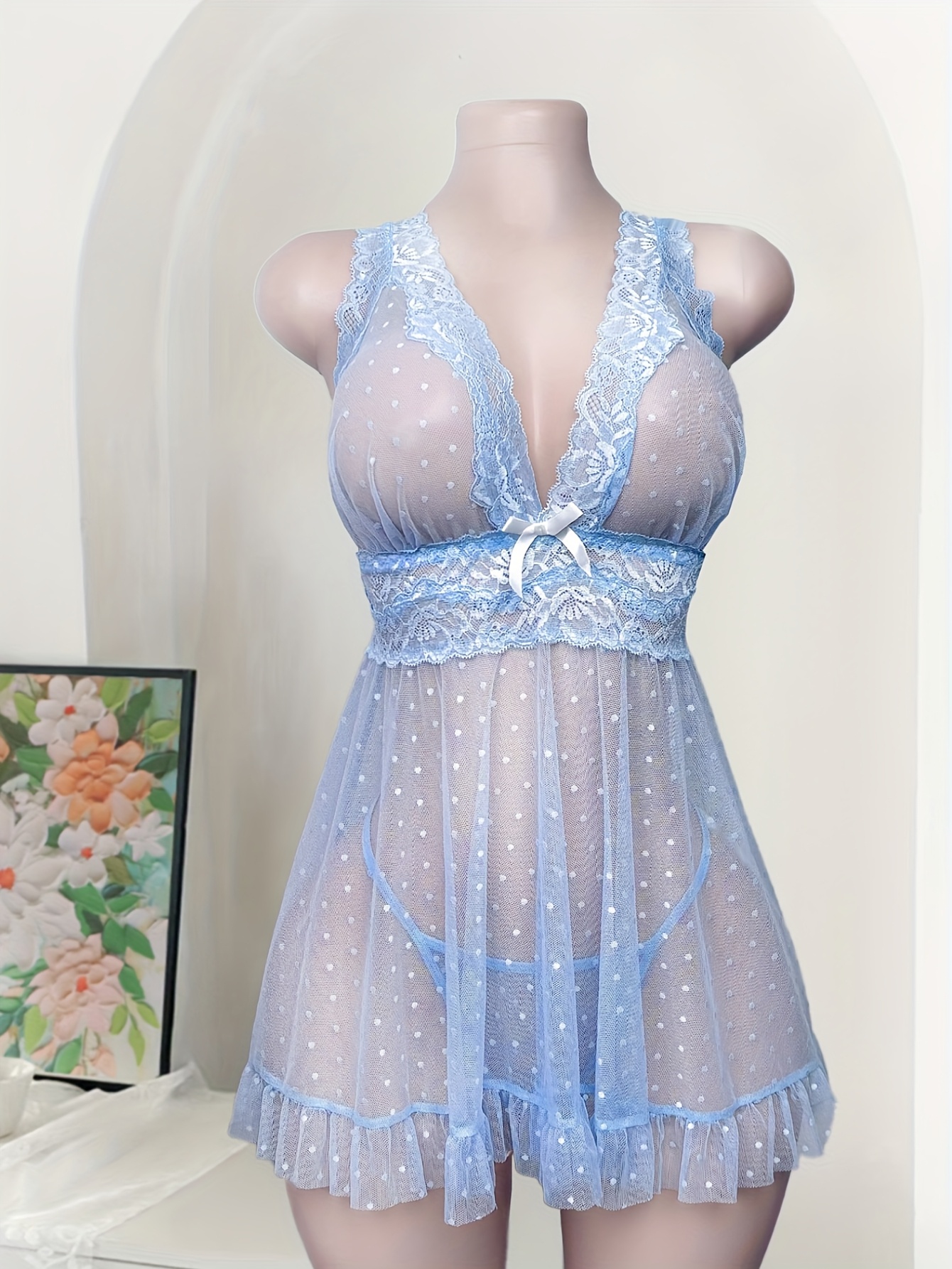 Plus Size Women's Mesh Lace Dress, Lace + Dot Mesh, Deep V-Neck, Sheer *  Babydoll Dress with Adjustable Straps * Panties