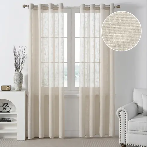 2pcs linen textured semi sheer curtains light filtering farmhouse style with grommets for living room bedroom dining room machine washable solid color privacy enhancing neutral beige light brown weave curtains for living room