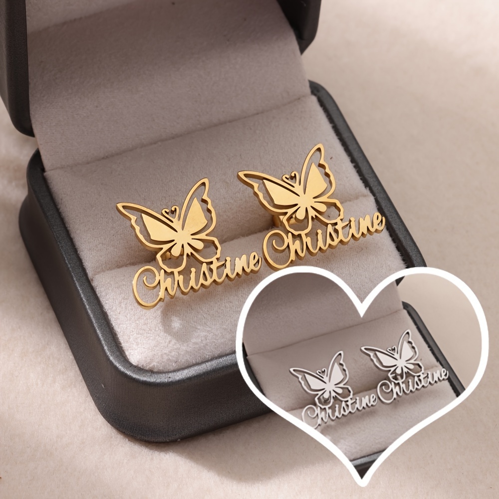 

Butterfly Personalized Name Stud Earrings, 18k Golden Plated Vintage Elegant Stainless Steel, Custom Jewelry For Birthdays, Anniversaries, Weddings, Bridesmaid Gifts, Christmas, Suitable For - Pair