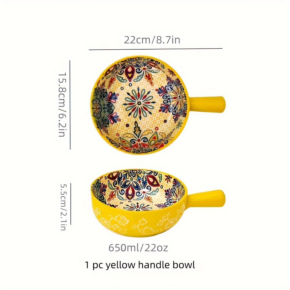 An 8.7-inch Dessert Handle Bowl, Bohemian Ceramic Salad Bowl, Suitable For Home Baking And Used In Microwave And Oven