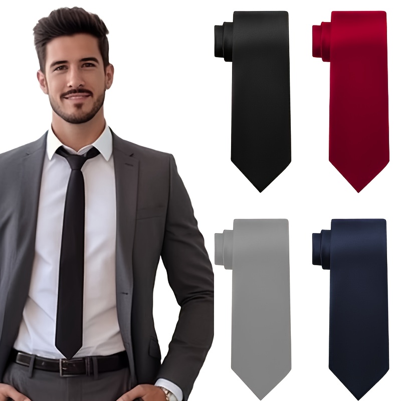 Image of 4pcs Slim Fit Satin Neckties - 4.98cm Adjustable No-knot Design, Black/ Navy/ Red/ Silvery Gray, Smooth Polyester For Formal Events & Gifts, Tie Necktie, Formal Attire, Classic Tie Design, Glossy End