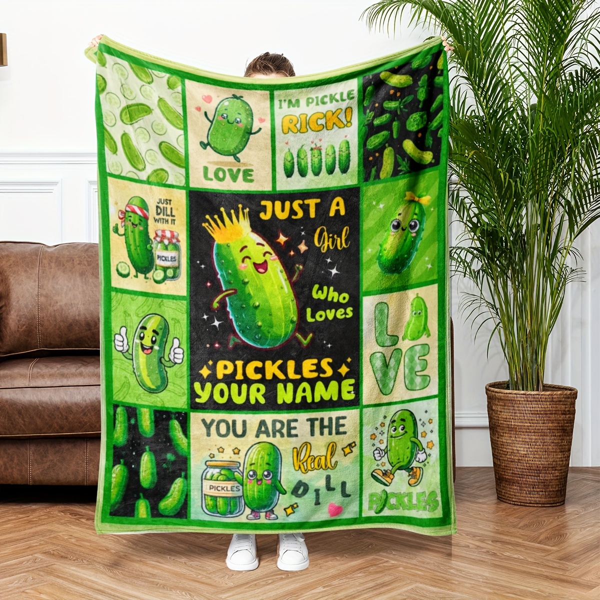 

Contemporary Pickle-themed Flannel Throw Blanket, Soft Cozy Knitted Polyester Wrap, Fun Lightweight Bed Couch Cover, Machine Washable, Multipurpose Gift - 1pc