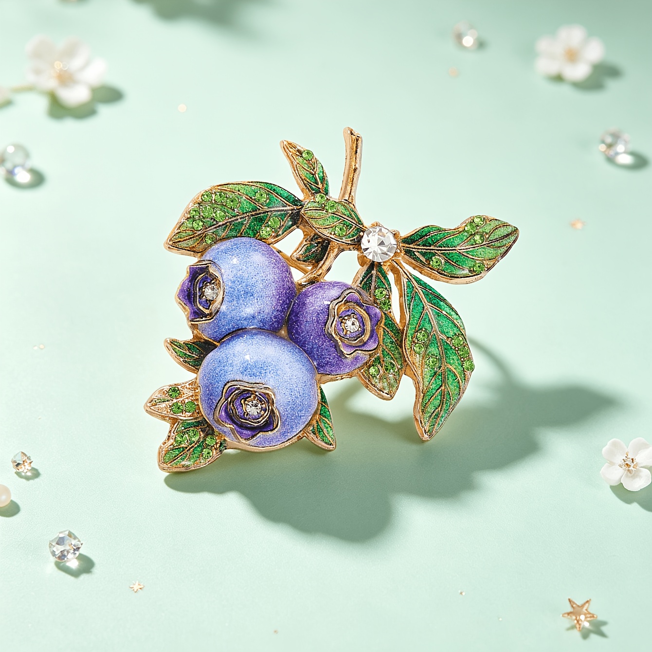 TEMU 1pc Solevdo Vintage Rhinestone Inlaid Blueberry Branch Enamel Brooch, Exquisite Fruit & Leaf Lapel Pin, Suitable For Suits, Coats, Bags, Fashion