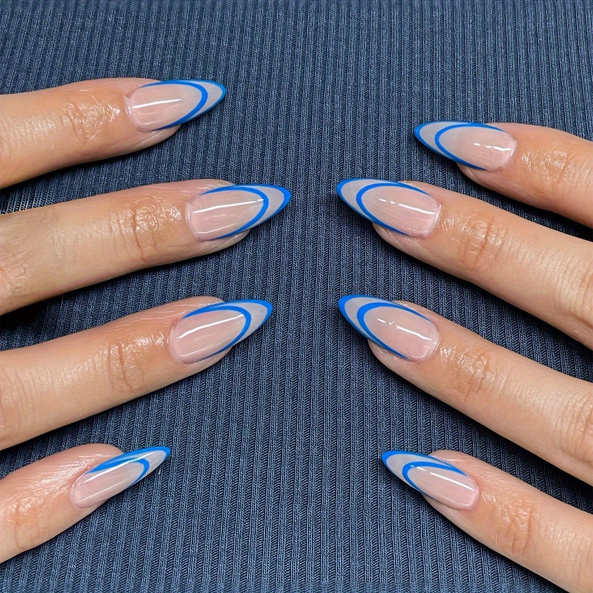 

Summer 24pcs Medium Almond Press On Nails With Blue French Edge Simple Design Tips Fake Nails Classic Press On Nails For Women And Girls