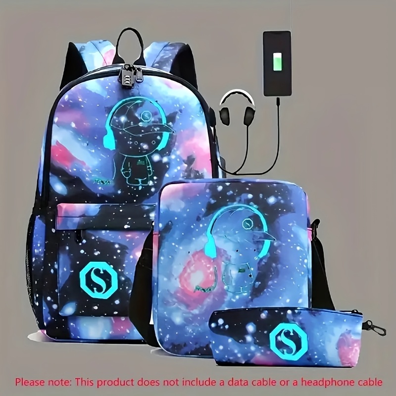 3pcs sets luminous printed backpack large capacity student lightweight casual backpack with crossbody bag and pencil details 4