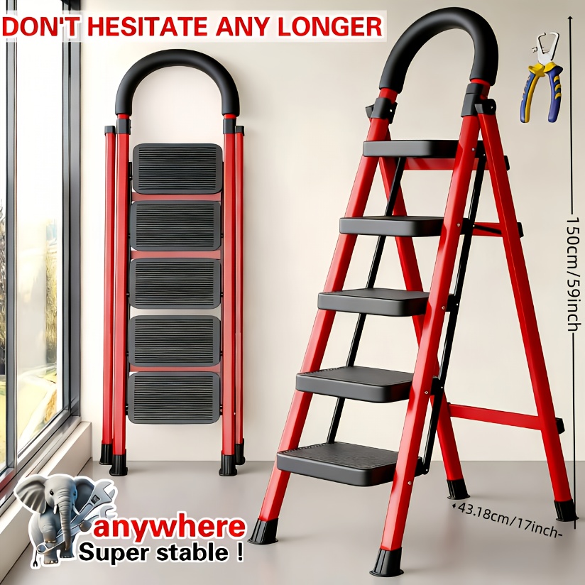 item picture 500lbs load capacity heavy duty folding 5 4 step   step stool with anti slip wide treads safety lock handrails portable multi functional ladder suitable for home     4 step