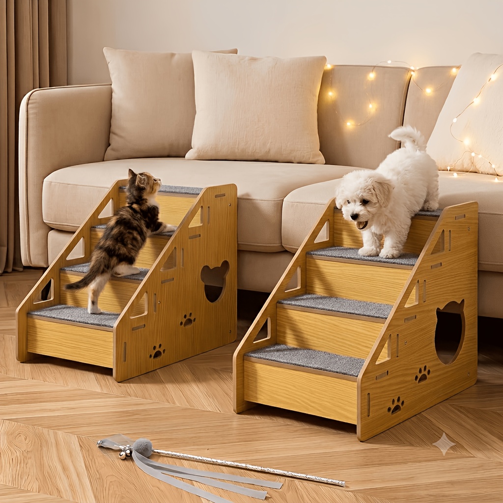 TEMU Four-tier Pet Climbing Ladder, Designed For Elderly Cats, With Non-slip Carpeted Steps, Low-angle Gentle Slope Design, Stable And Wobble-free,