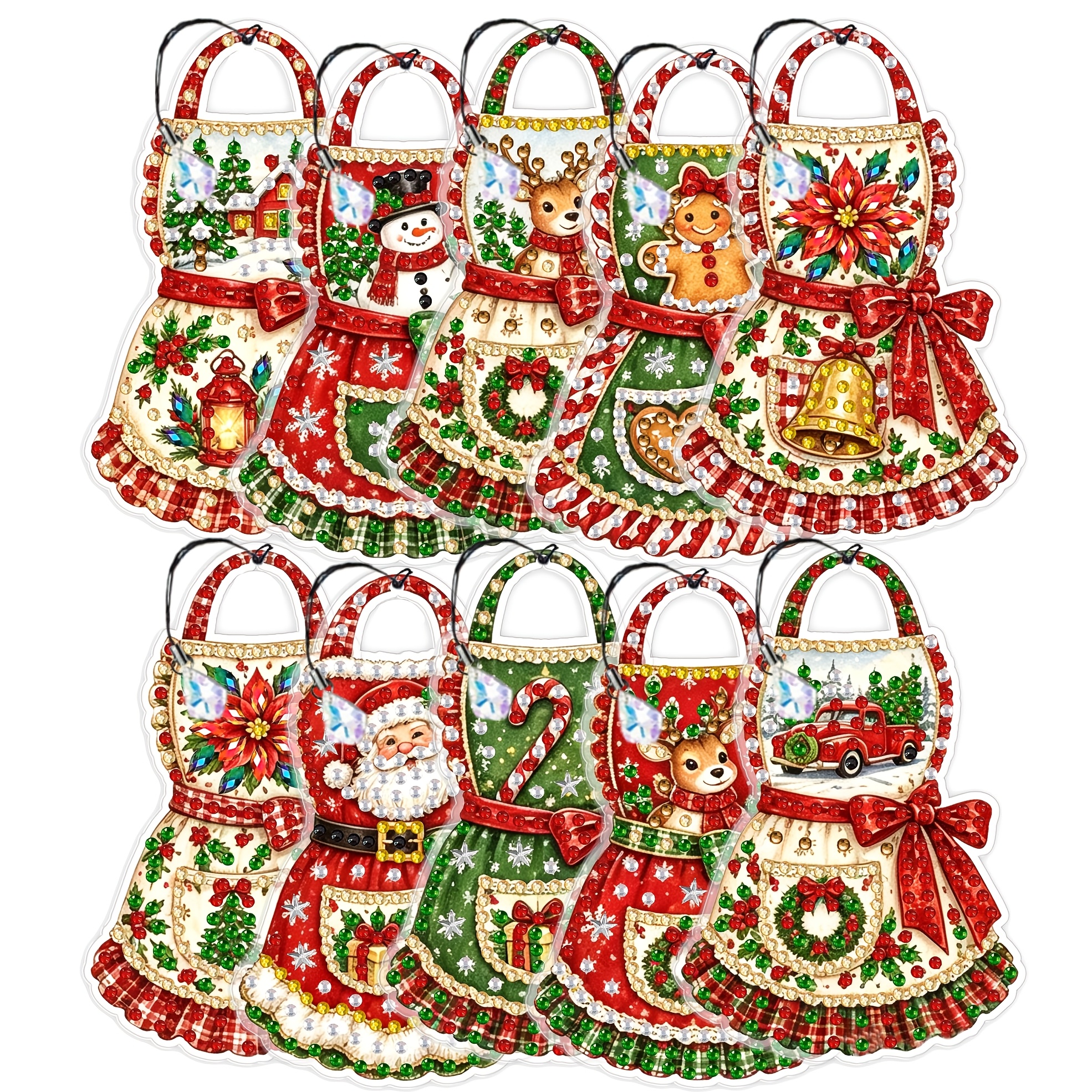 TEMU 10pcs 10pcs Set Christmas Apron-themed Diy Diamond Painting Bookmarks With Crystal Holly, Snowflake & Plaid Lace Trim Suitable For Book Lovers,