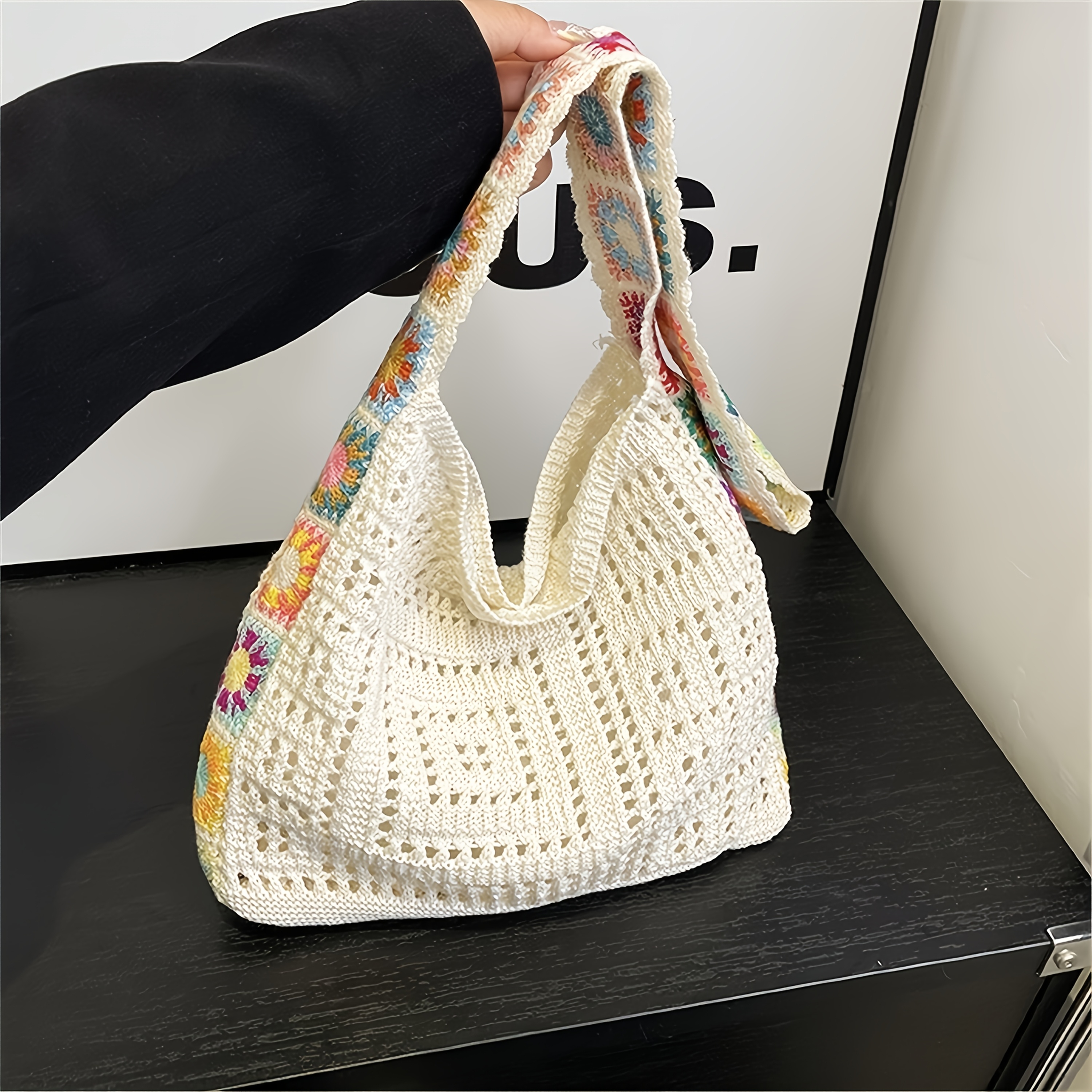 E-shop 1 Stück Mode Damen Strick Schultertasche Häkel Tote Bag, Große Kapazität Handtasche Sommer Strandtasche