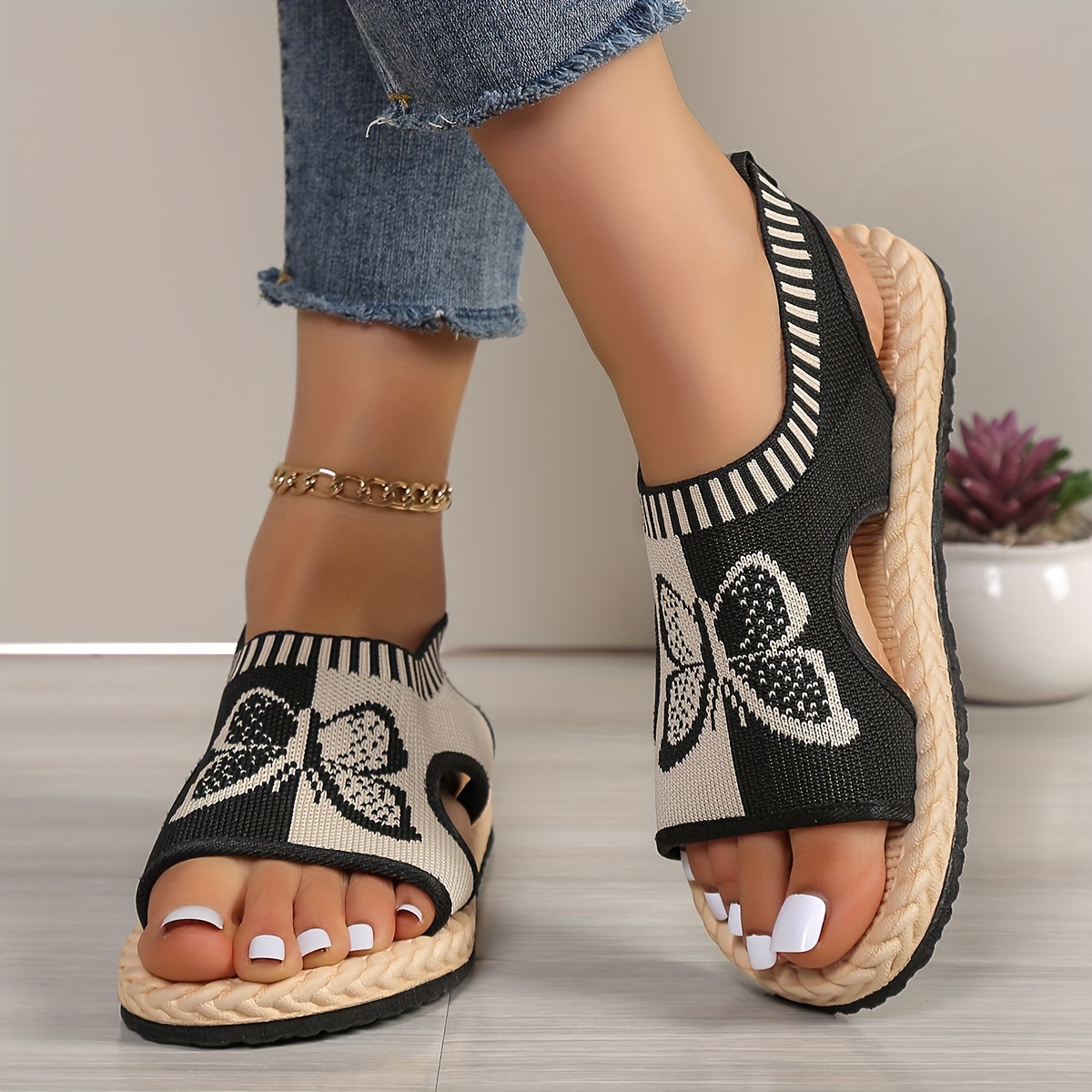 

Women's Summer Knitted Sports Sandals, Casual Slip On Platform Butterfly Print Shoes, Versatile Mesh Stretch Beach Shoes