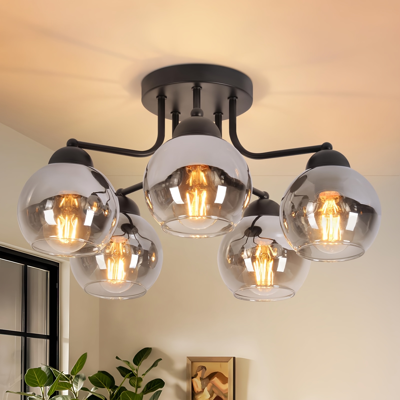 Image of Ceiling Light Glass Ceiling Light Living Room Vintage Style: Black | Living Room Lamp Metal Industrial E27 Vintage Kitchen Light Ceiling Bedroom Kitchen Bulb Not Included