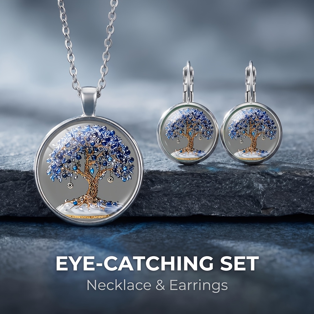 TEMU Ensemble 3 pièces Collier Arbre Bleu et Boucles d'Oreilles, Idéal pour , Délicat