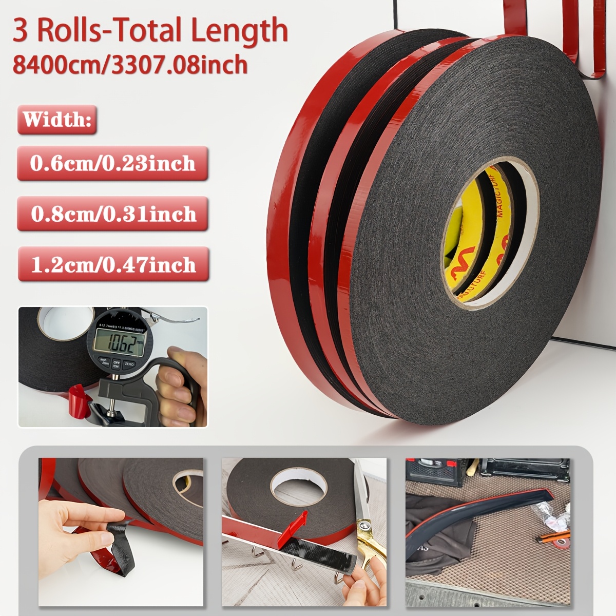 TEMU 3 Rolls 3307.08 Inch Black Double-sided Tape | Pe Red Film, Soundproofing, Strong Sponge High , Temperature Resistant, For Automotive, Home, Led