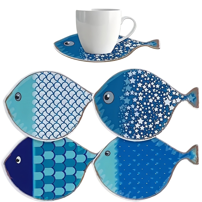 TEMU Set Of 4 Wooden Fish-shaped Coasters. Beach-themed Tabletop And Kitchen Decor, Ocean-style Home Decoration, Suitable For Coffee, Beverages, And