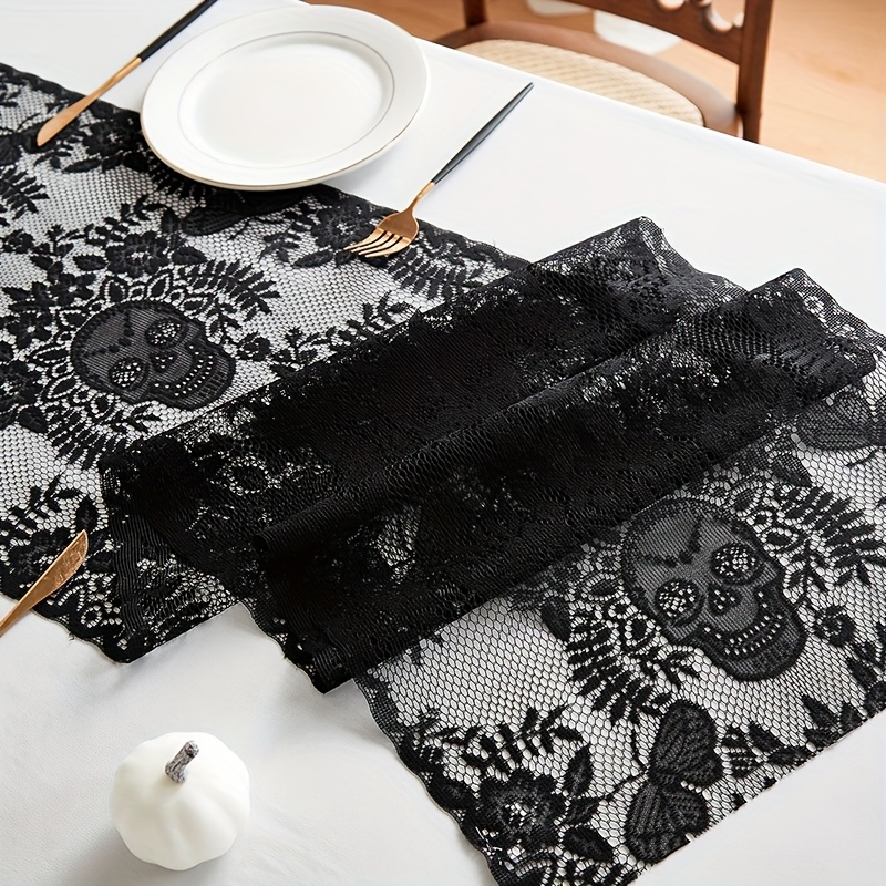 TEMU 12 x 71 Zoll Halloween-Tischdecke, designt für Esstische, mit schwarzen Blumen- und Schmetterlingsmustern, für Gothic-Dekor. Geeignet für Heim-