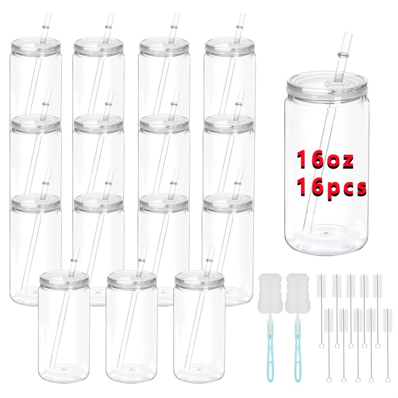 TEMU 16pcs Set Of 16oz Clear Plastic Cups With Lids, Straws & Brushes, Modern Coffee Bar Cups Style, Juice, Iced Coffee, Smoothies & Daily Drinks