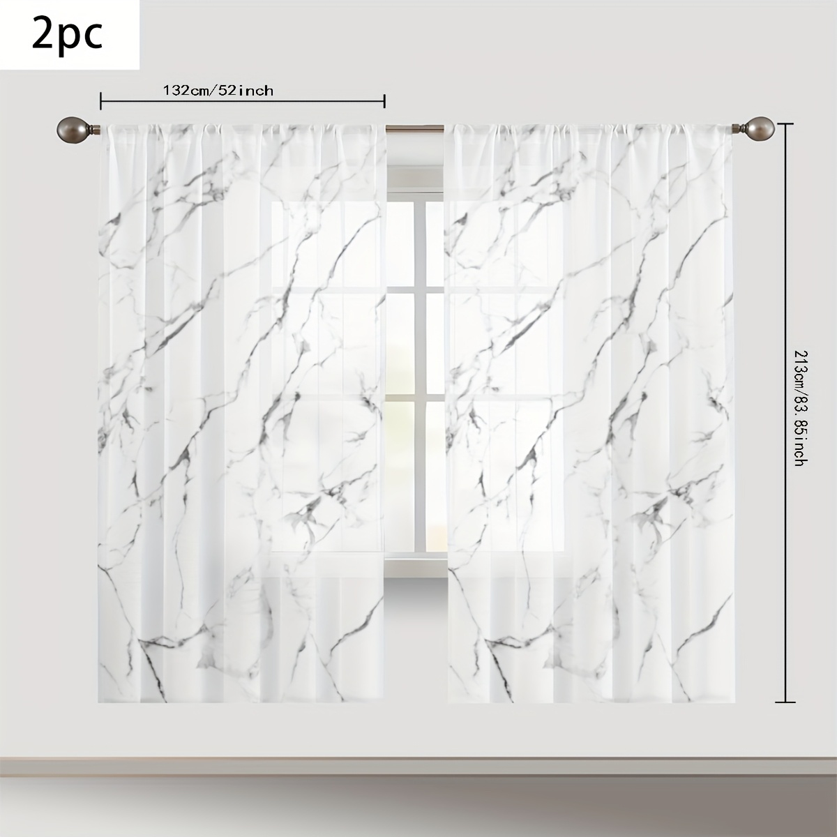 TEMU 2 rideaux semi-transparents à motif marbre , tissu en polyester respirant, adaptés à la décoration du salon et de à coucher avec des poches pour