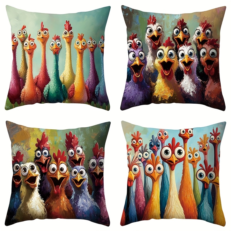 TEMU 4pcs Whimsical Chickens Cartoon Print Pillow Covers, 17.72" Square, Vibrant Polyester Zipper Pillowcases, Machine Washable, Contemporary Style