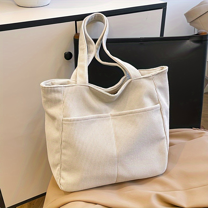 

Spacious Corduroy Tote Bag For Women - Casual White Shoulder Handbag With Large Capacity