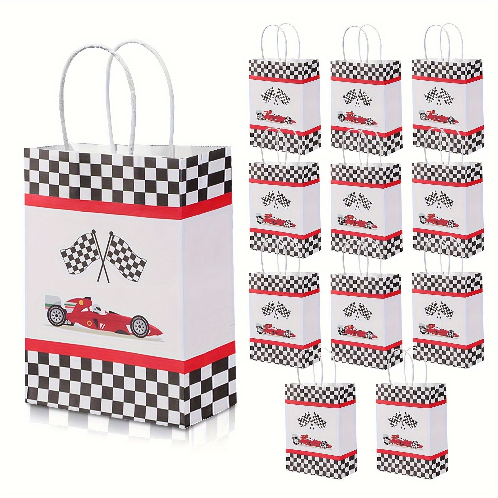 

12-pack Racing Theme Gift Bags With Checkered , Paper Party Favor Bags For Birthday, Christmas, New Year Celebrations - Black & White Checkered Racing Flag Candy Bags