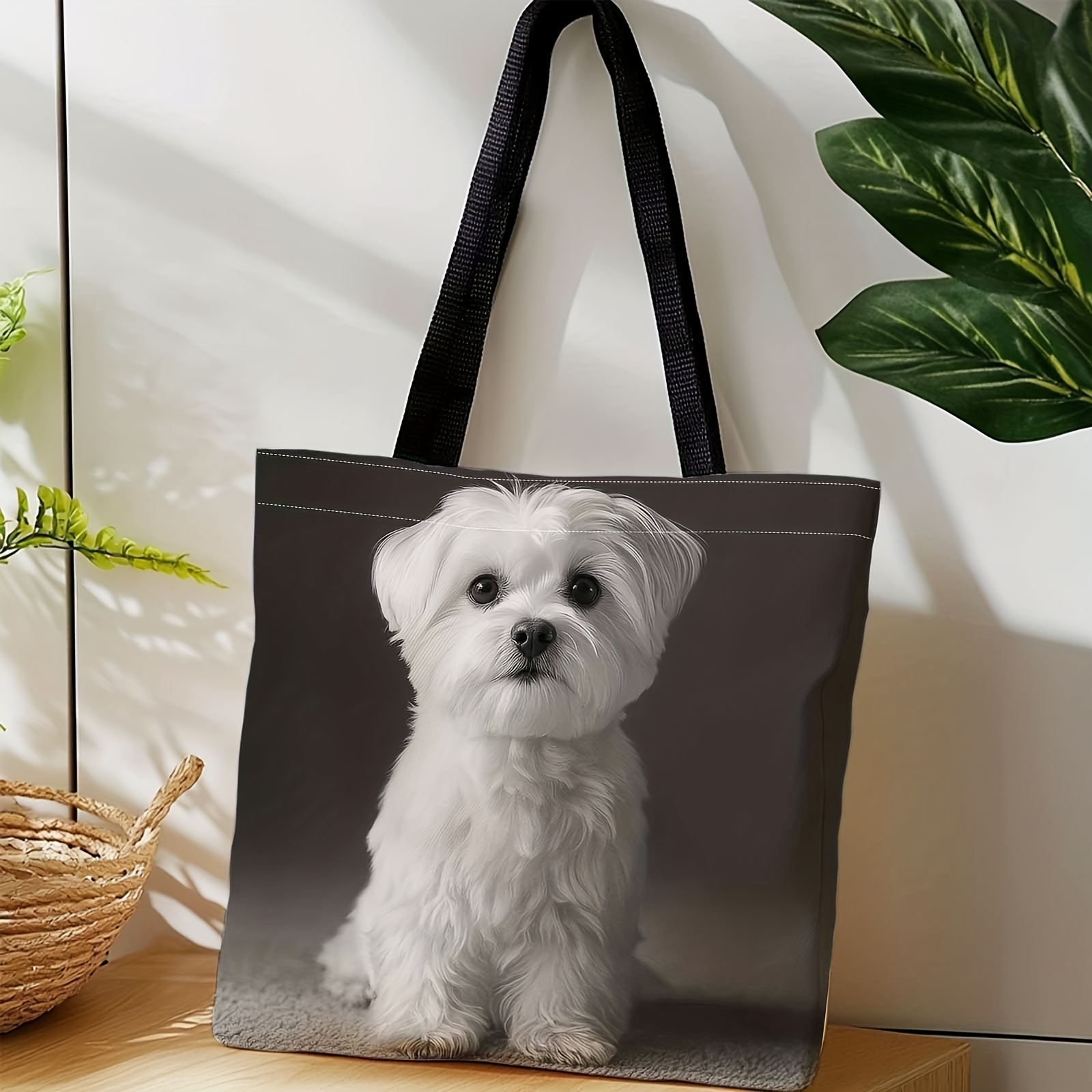 TEMU 1pc Cute White Maltese Puppy Tote Bag - Beige Dog Print With Black Strap, Machine-washable Portable Shoulder Bag & S, Pet Lovers Gift, Casual ,