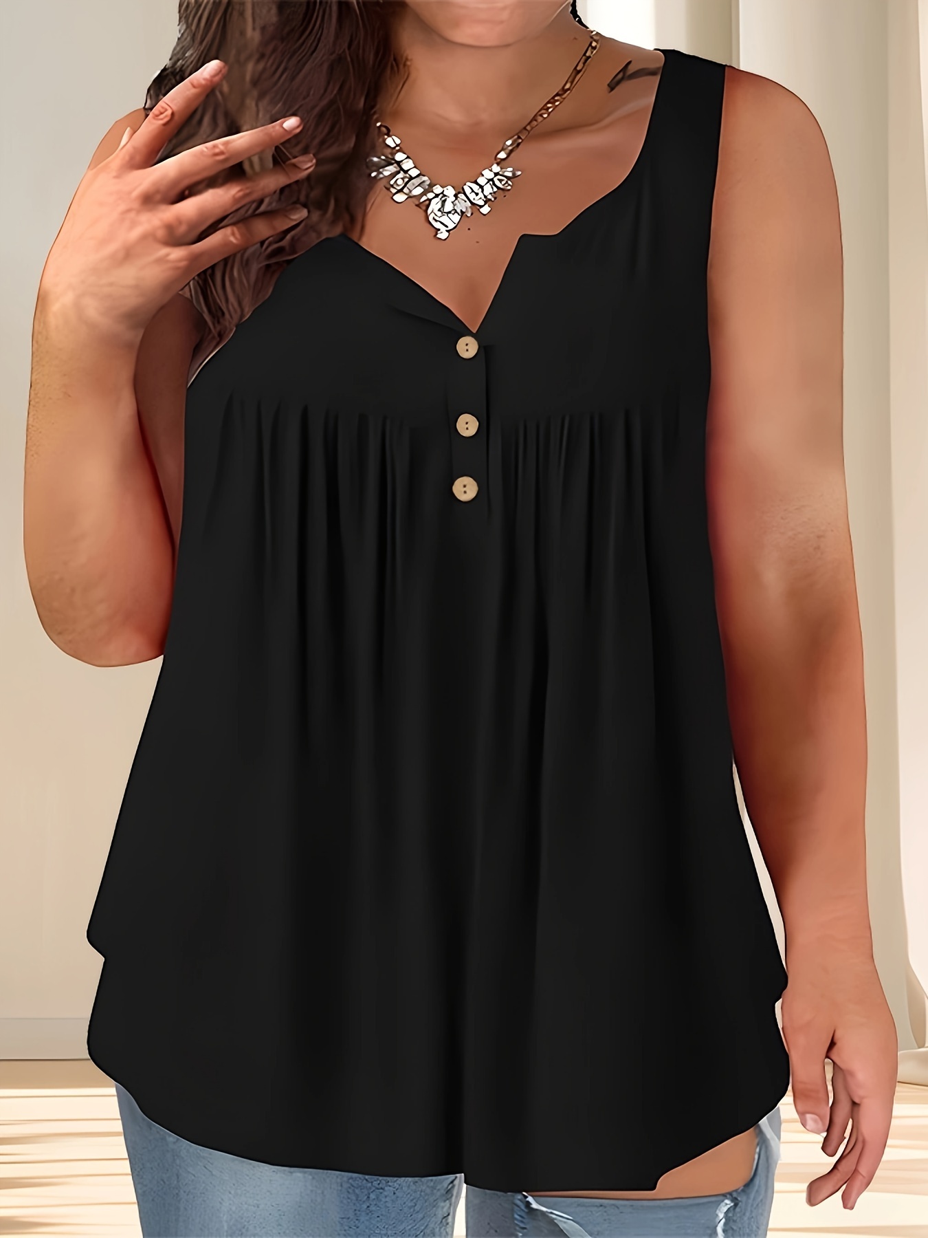 Plus Size Solid Ruched Tank Top, Casual Sleeveless Button Front Notched Neck Top For Summer & Spring, Women's Plus Size Clothing
