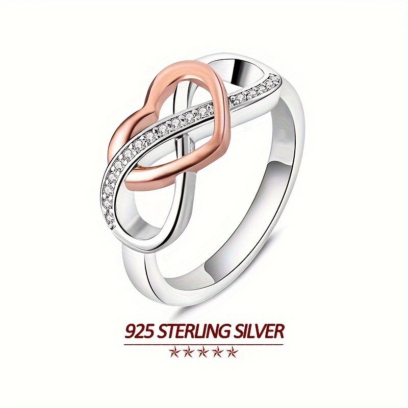 

925 Sterling Silver Eternal Symbol Intersecting Heart Ring Hypoallergenic Shimmering Zirconia Pave Band Ring, Elegant Luxury Jewelry Gift For Women