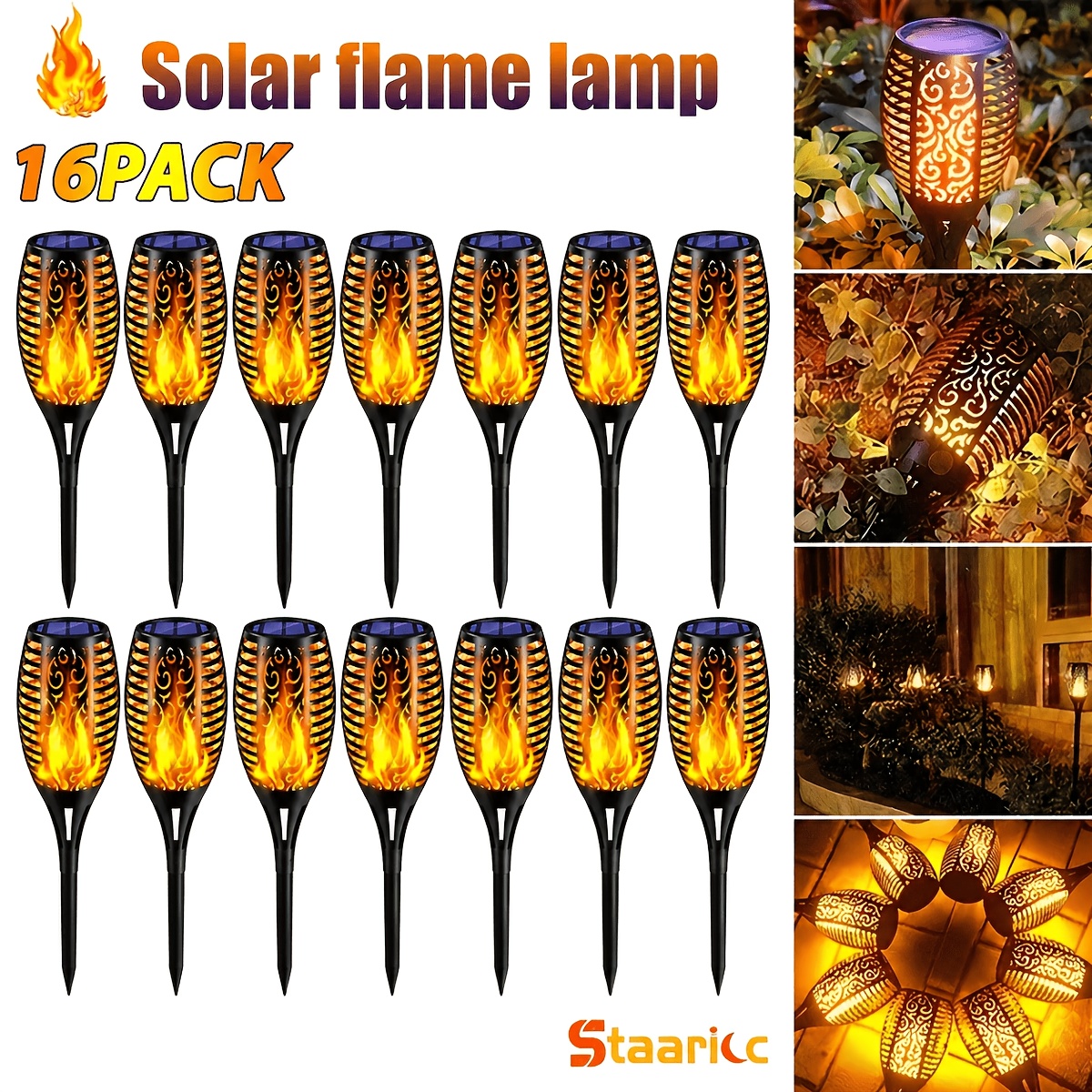 TEMU Lot de 16 lampes torches solaires à effet flamme - Éclairage extérieur de jardin avec effet de flamme, plastique durable, célébrations de fêtes