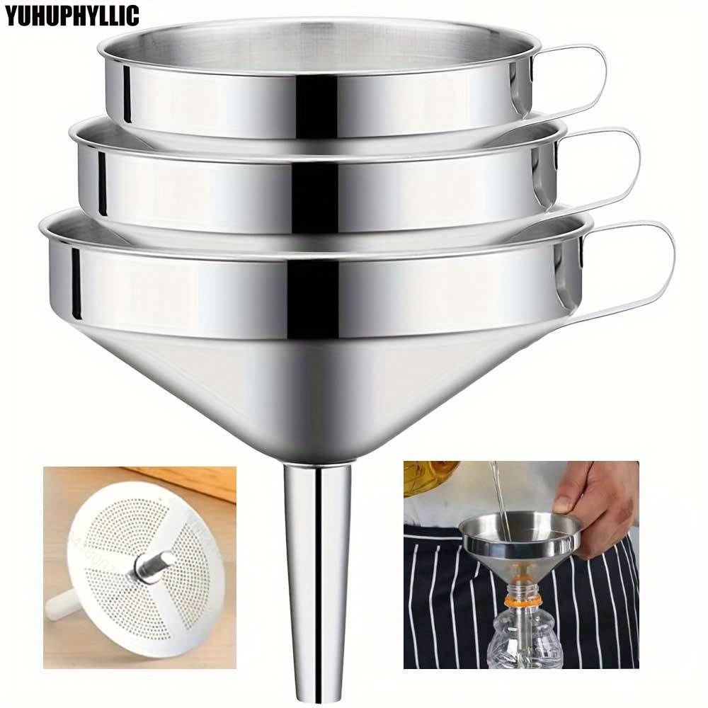 Image of 3pcsstainless Steel Funnel, New Food Grade Kitchen Funnel With Removable Cleaning Brush, Suitable Oil Jam Drying Ingredients Powder Transfer(silvery, Large, Medium, Small Size)