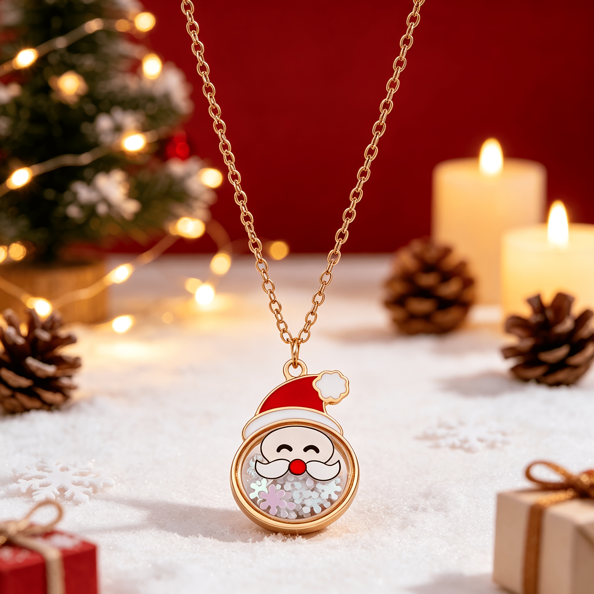 TEMU 1 pièce Collier de Noël réglable pour enfants, pendentif Père Noël rempli de paillettes de de neige colorés, bijou d' pour filles, accessoire