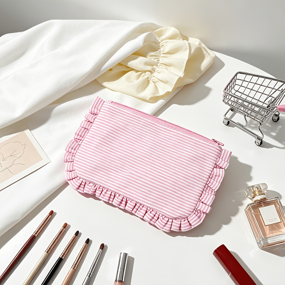 TEMU Elegante trousse da trucco in seersucker con volant, grande borsa cosmetica a righe, portacosmetici portatile da borsa a , borsa da viaggio per