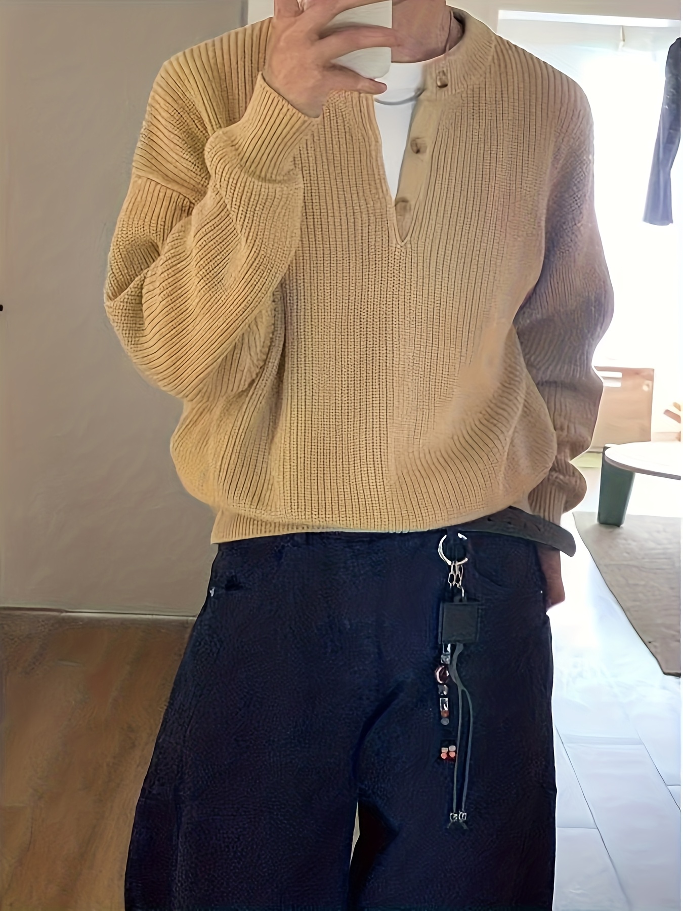american apricot henley collar sweater lazy high end style knitwear mens autumn and winter
