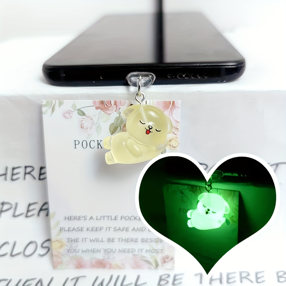 TEMU A Cute Glowing Phone Dust Plug Charm + 1 Greeting Card, Phone Decoration Accessory. Suitable For Iphone//type-c . For Puppy Lovers. New Year's