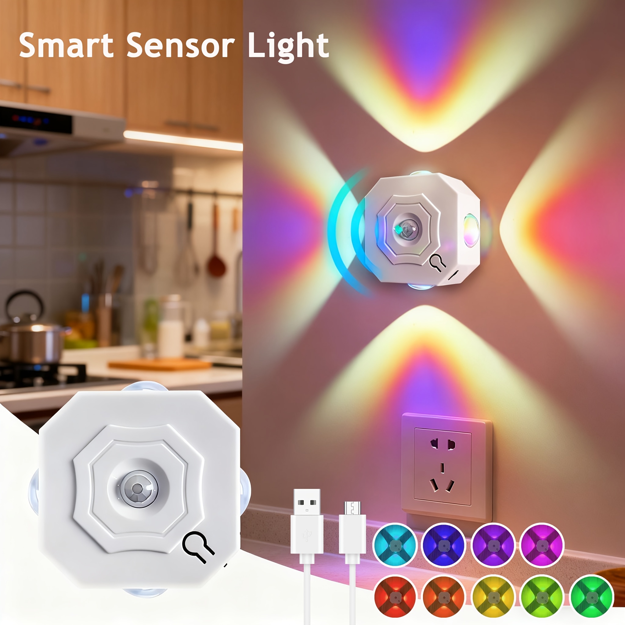 E-shop 1 RGB-farbwechselnde Schrankunterschrankleuchte mit Bewegungssensor, USB-Aufladung, vierköpfiges leuchtendes Nachtlicht, dimmbares