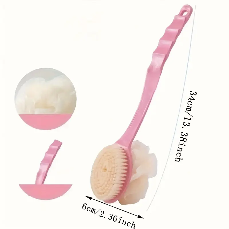 2 in 1 soft fiber long handle bath brush gentle exfoliating body scrubber dual purpose back scrubber and sponge tool japanese design Product details 1