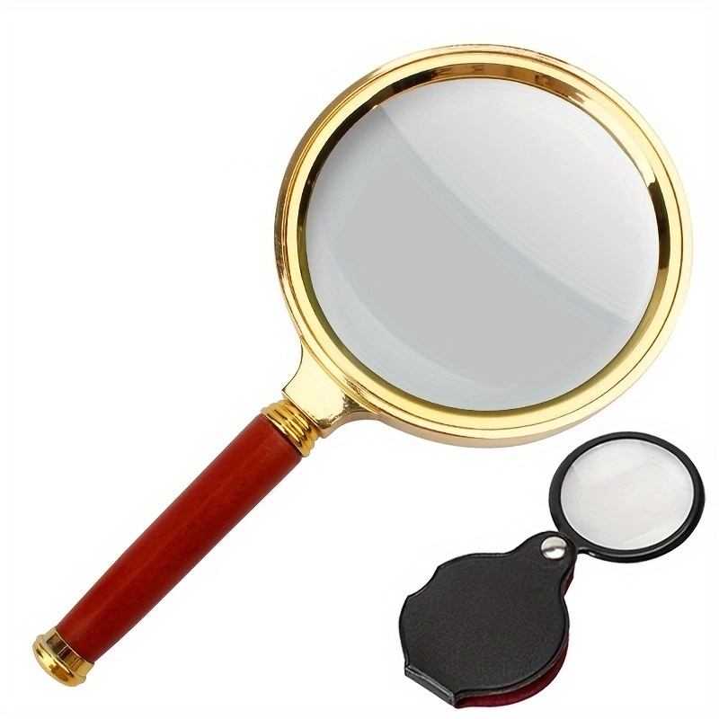 Image of Handheld Magnifier And Mini Folding Magnifier Set (2-pack), 10x Magnification Handheld Magnifier - Hd Glass Lens And Wooden Handle, For Science, Reading Books, Inspection (no Battery)