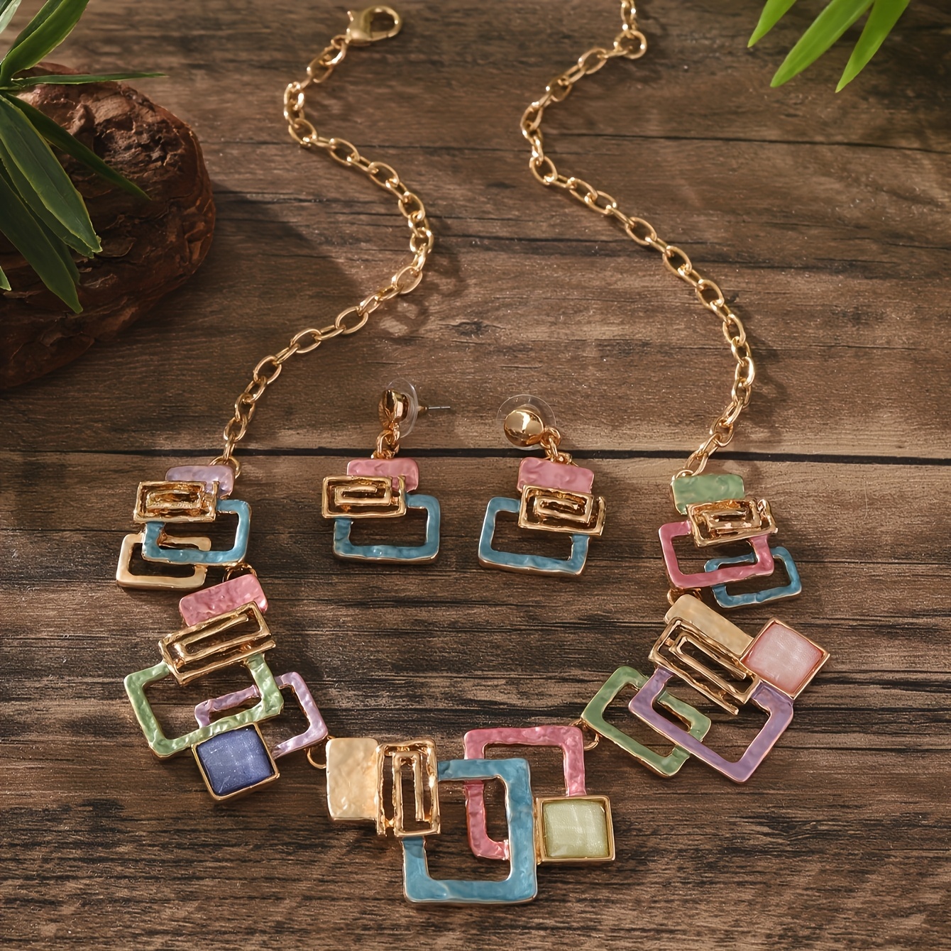 TEMU Geometric Square Hollow Earrings + Necklace Women's Jewelry Set Wear Retro Simple Autumn And Winter Elegant Accessories Gift Creative Women's