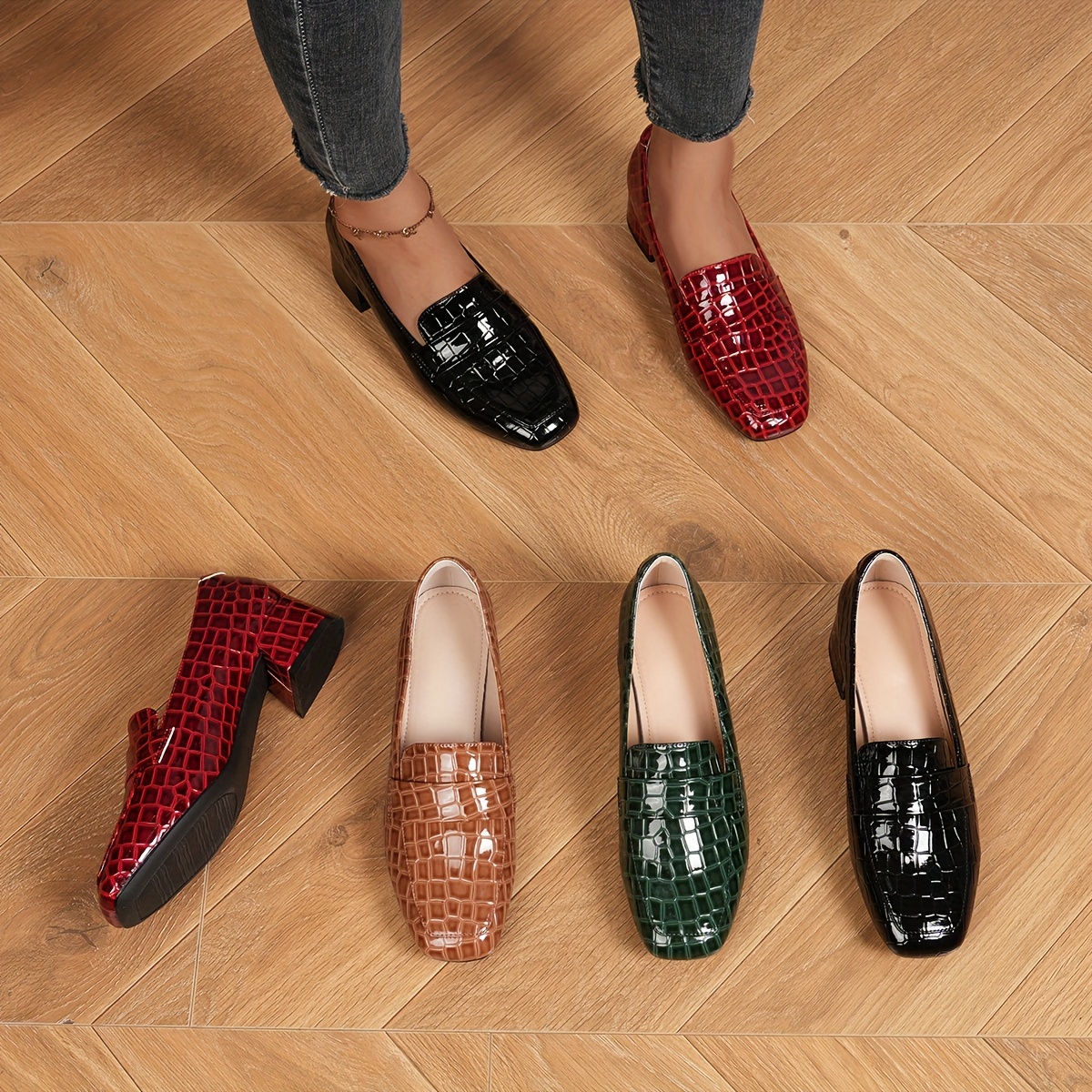 

Women's Crocodile Pattern Chunky Heel Loafers, Elegant Square Toe Dress Pumps, Fashion Slip On Heels
