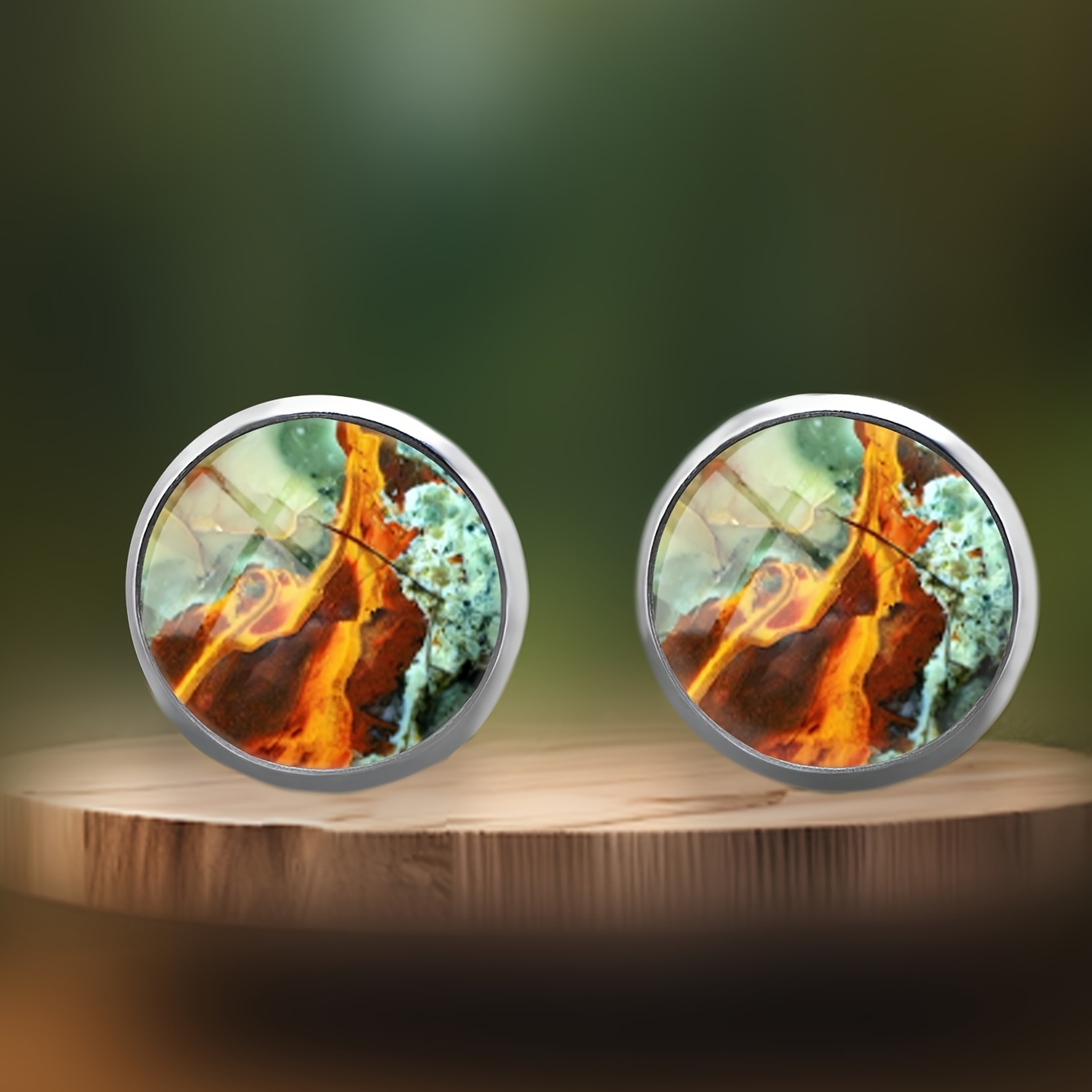 Orange-Green Mineral Texture Pattern Stud Earrings