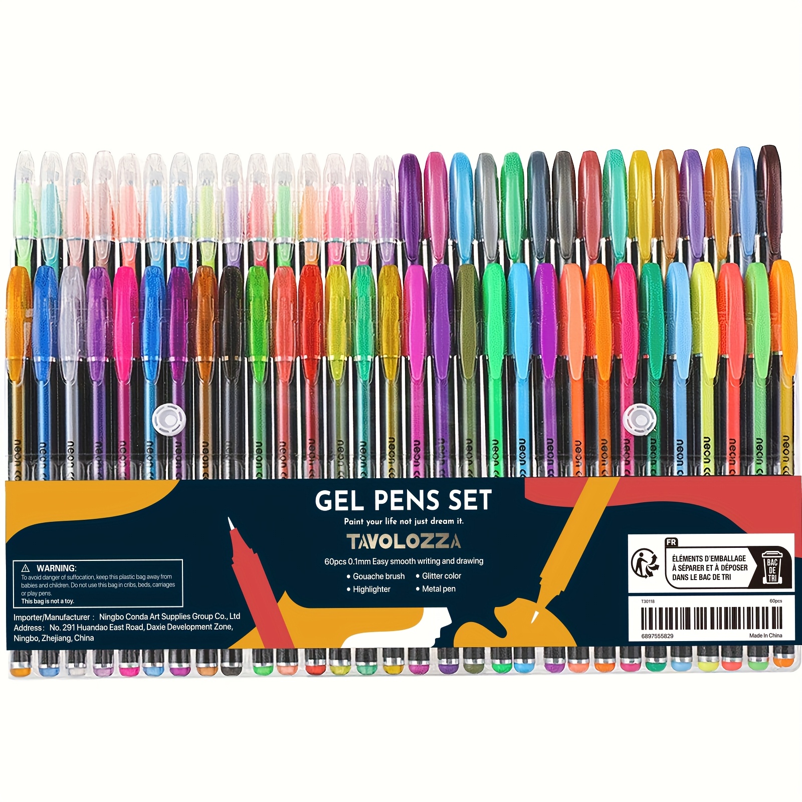 TEMU Grade 60-pack Multi-surface Gel Pen Set With Glitter And Metallic Inks - Heavy-duty Metal Pens For Adult Coloring Books, Scrapbooking, Sketching