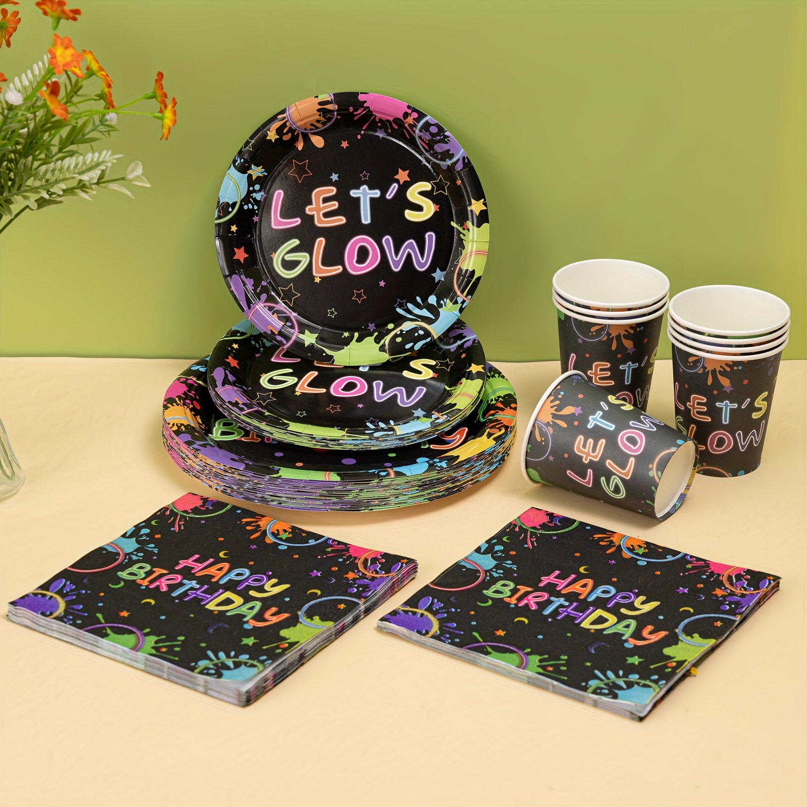 96pcs -the-dark Birthday Party Set, Birthday-themed Activity Kit, Paper Plates, Napkins, And Cups, Suitable For Birthday Parties, Christmas, Halloween Events, And Party Supplies