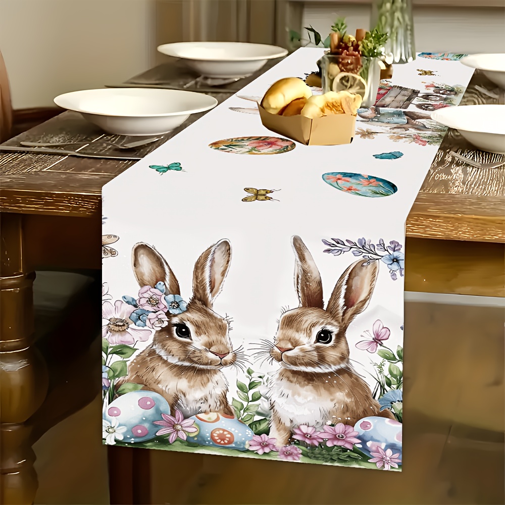 

1pc, Tablecloth - Watercolor Easter Rabbits With Spring Flowers And Pastel Eggs, 180cm*35cm Polyester Table For Indoor/outdoor Dining And Party Decor