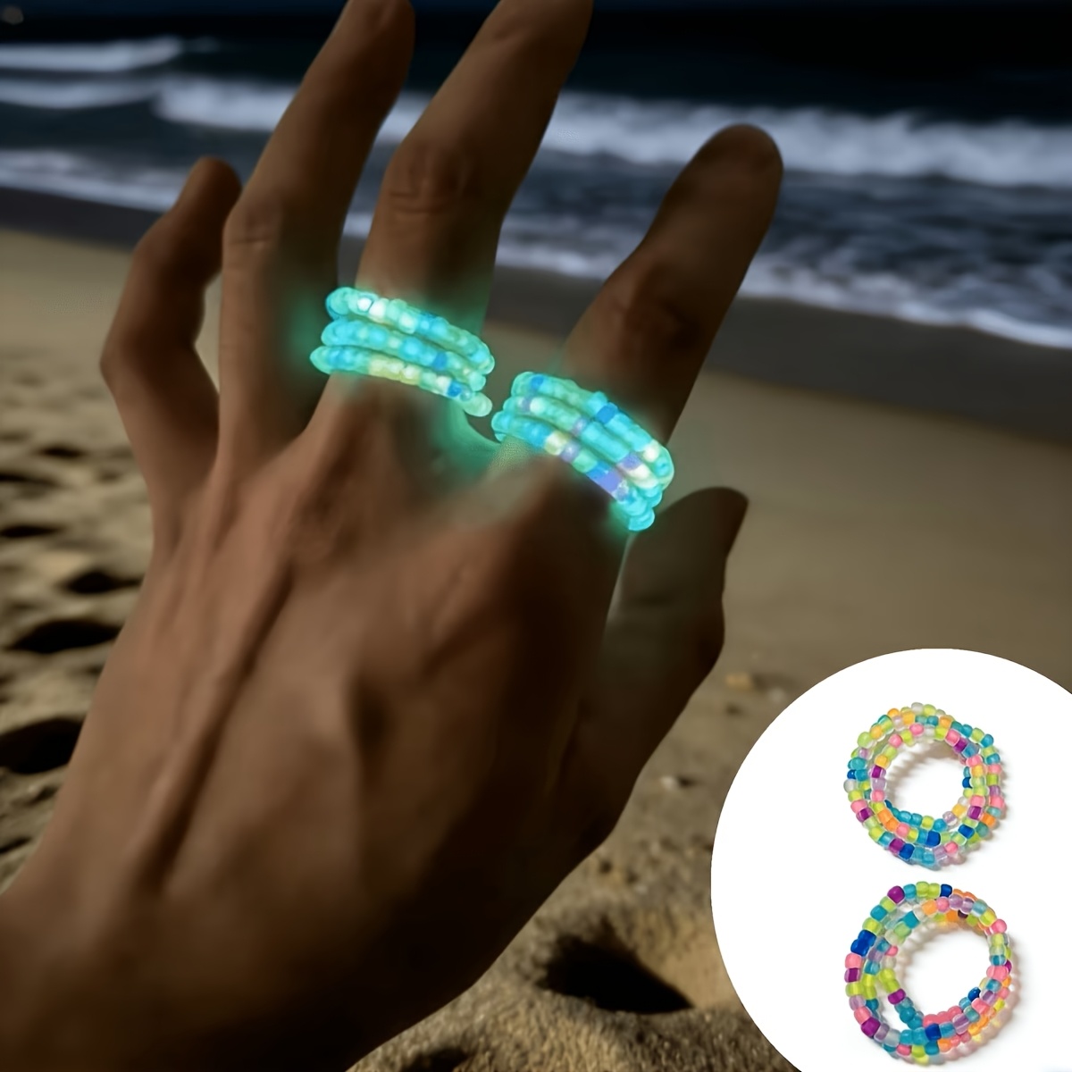 TEMU Set anelli da donna impilabili avvolti con perline luminescenti in stile al mare, per uso , , feste e come regalo per donne