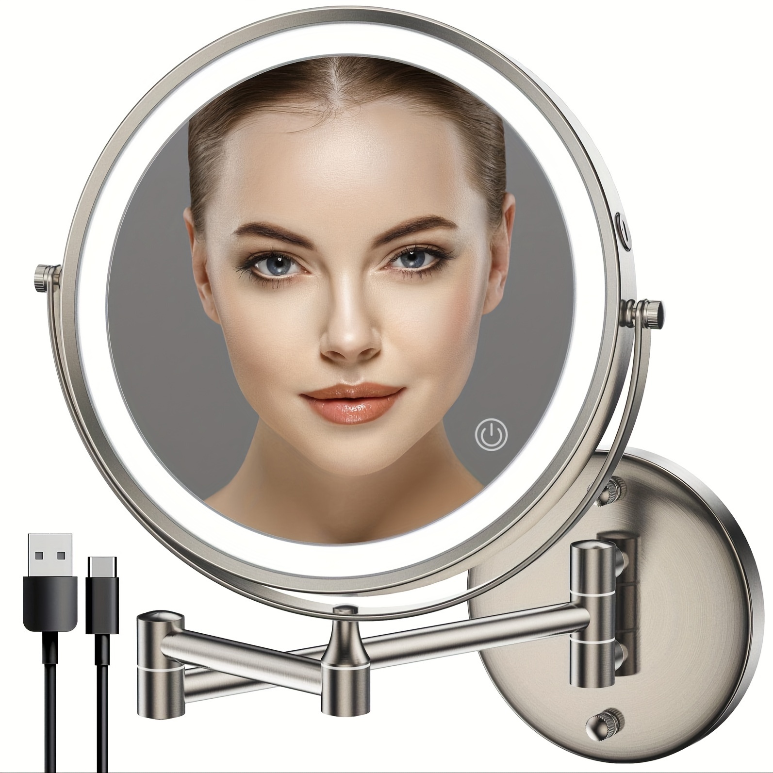 

Intetein Rechargeable Lighted Makeup Mirror, Vanity Mirror With 3 Color Lights, Dimmable Touch Screen, 8 Inch Led Double Sided 1x/10x Magnifying 360°swivel Shaving Mirror Extendable