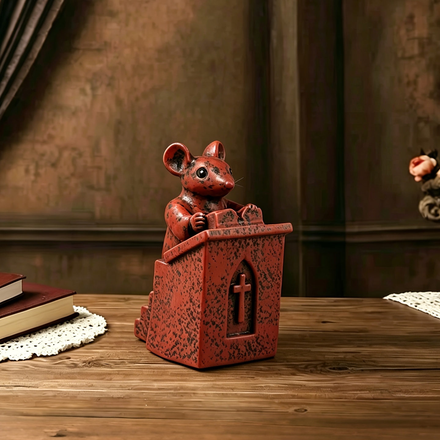 Image of 1pc Bookshelf, Church Mouse Statue Collection, Statue Art Craft Resin, Creative Church Mouse Statue, Craft Decoration, Church Sculpture, Indoor And Outdoor Resin Sculpture