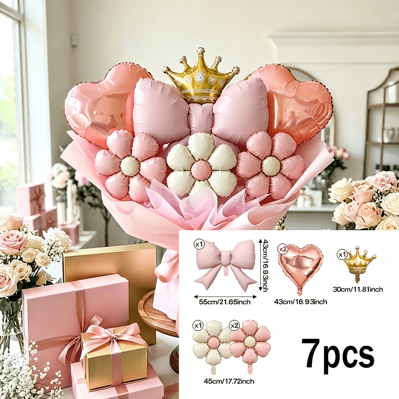 Image of 7pcs Bouquet Balloon Set, Balloon Bouquet, Matte Pink Bow Balloon, 18-inch Cream And Pink Floral Balloons, Mini Metallic Foil Balloons, 18-inch Rose -shaped Metallic Foil Balloons, Balloons