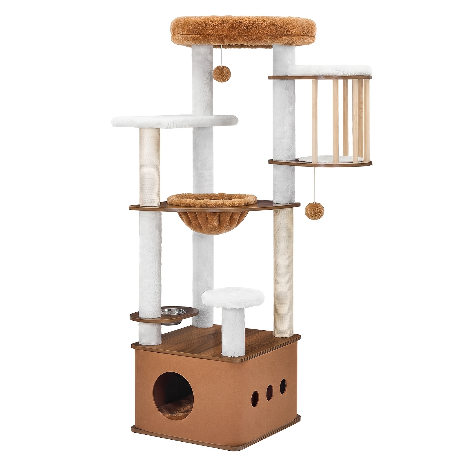 Image of Cat Tree Tower For Indoor Cats, 48 X 48 X 150cm (l X W X H), Multi-level Cat Activity Centre With Cat Condo, Capsule Nest, Feeding Bowl, Sisal Scratching Posts, Balls And Plush Platforms, Walnut