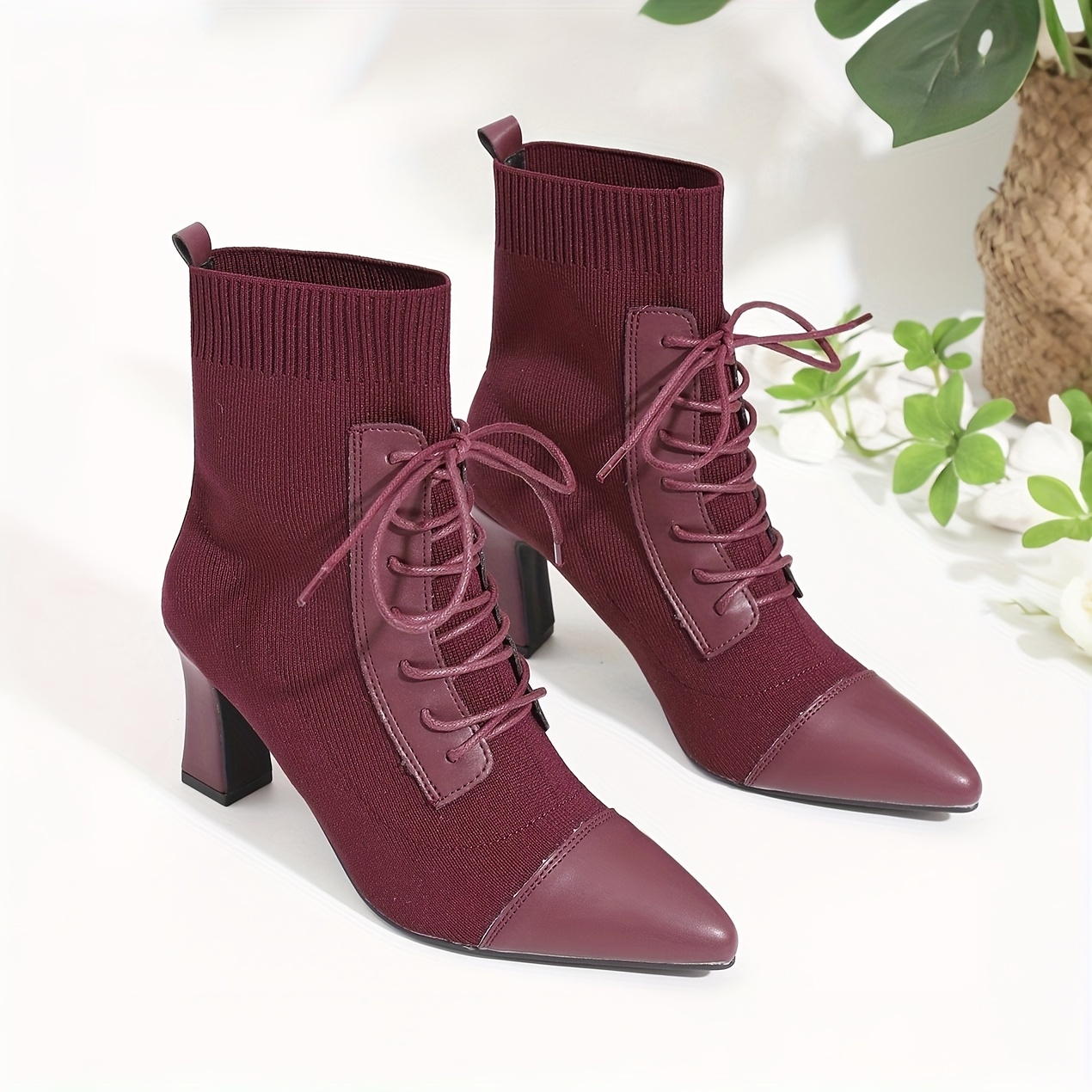 Elegant French Style *-Calf Boot with Pointed Toe, Lace-Up Detail, And  Chunky Heel